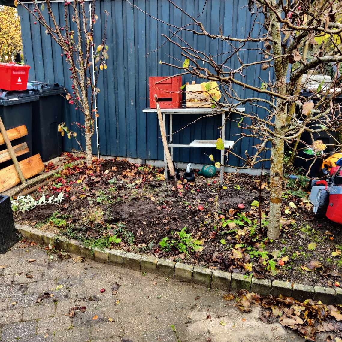 Gravet ca 10 kubikmeter jord op og kørt væk.