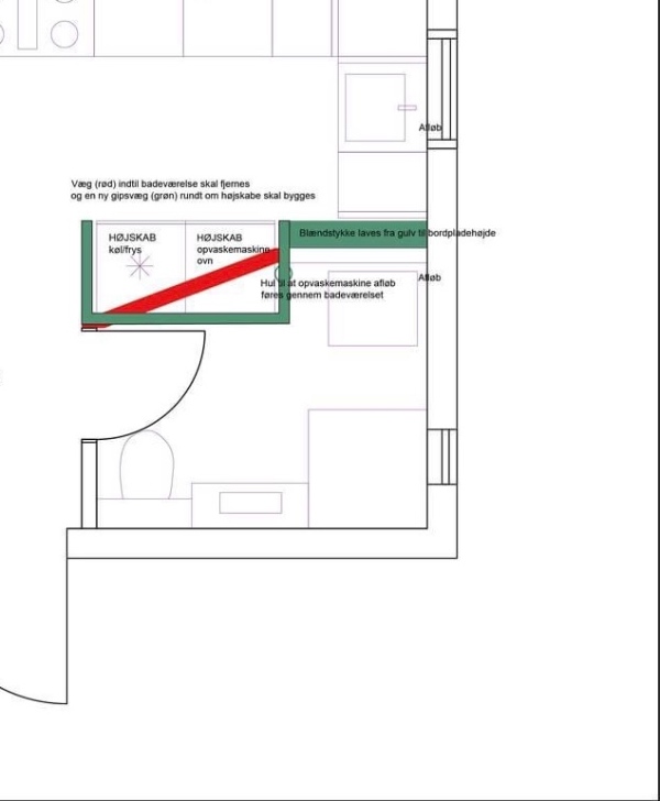 Ny gipsvæg mellem køkken og bad