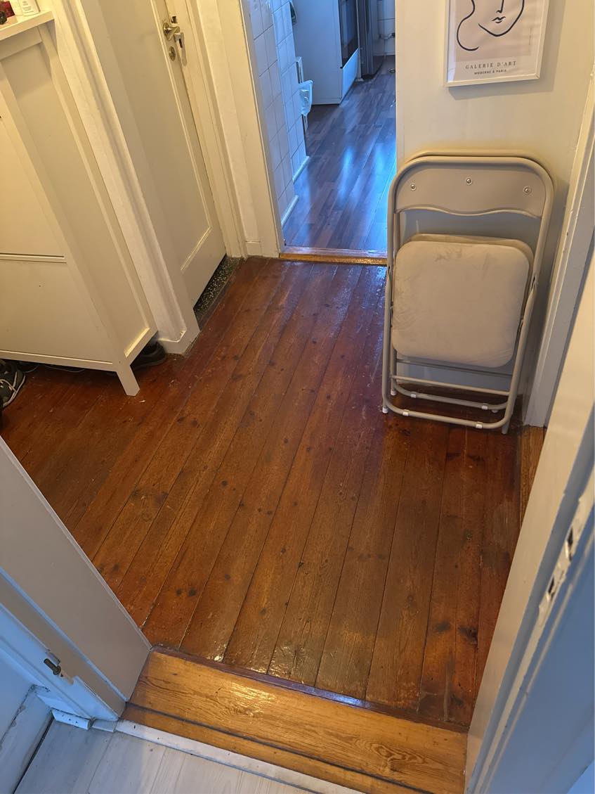 Slebet og lakeret gulv i lille entre + 3 små dørtrin