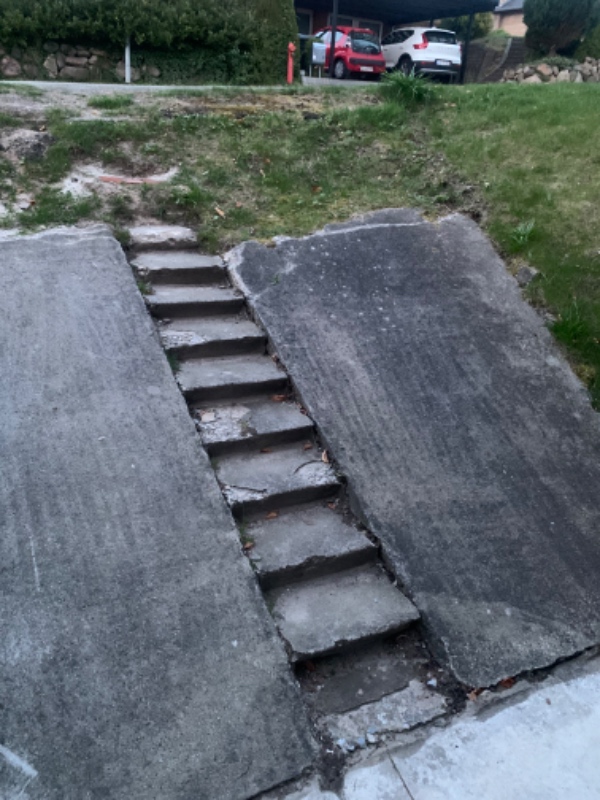 Nedkørselsrampe + trin repareres (murer)