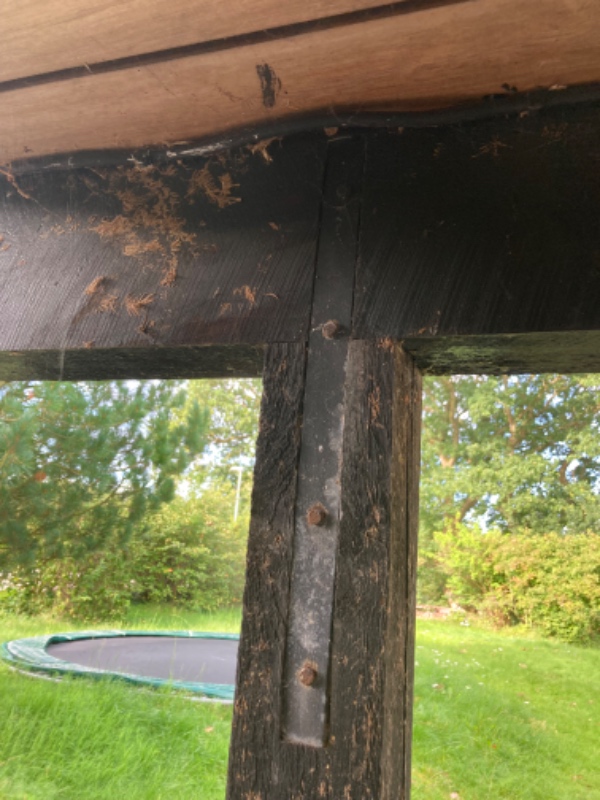 Skiftet 2 stolper i carporten. De står i et beslag ved jorden og skal ind under den tværgående bjælk