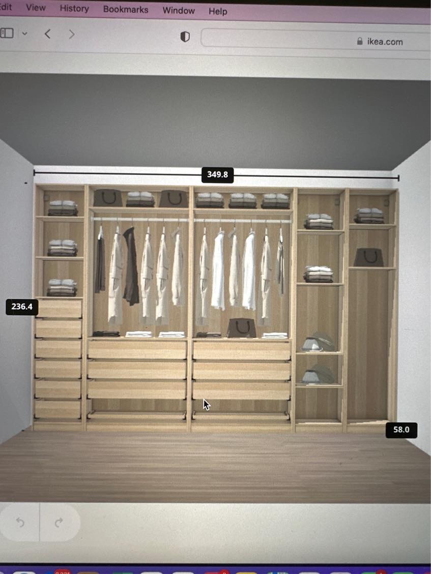 Opsætning af Ikea Pax garderobe skab (2x100 cm + 3x50 cm med 13 hylder og 12 skuffer)