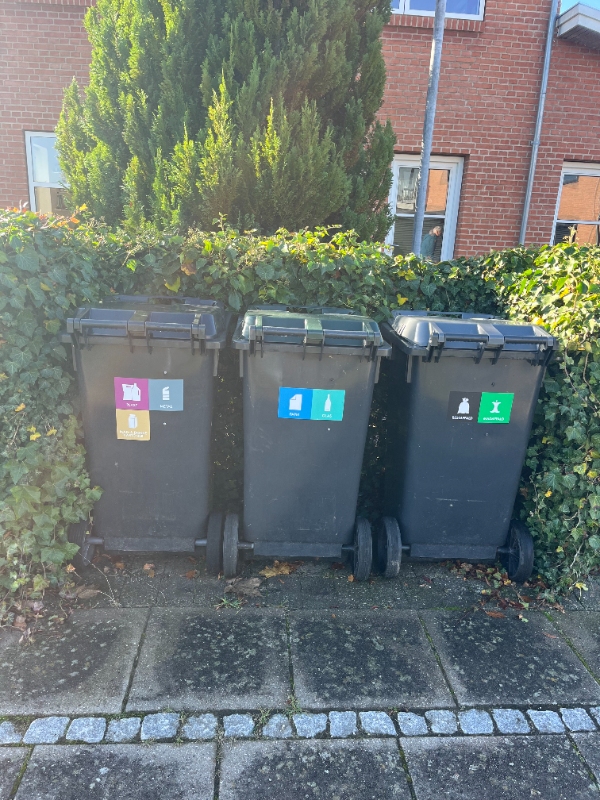 Udendørs skraldestativ til 4 spande og opsætning af ca 6 m. hegn