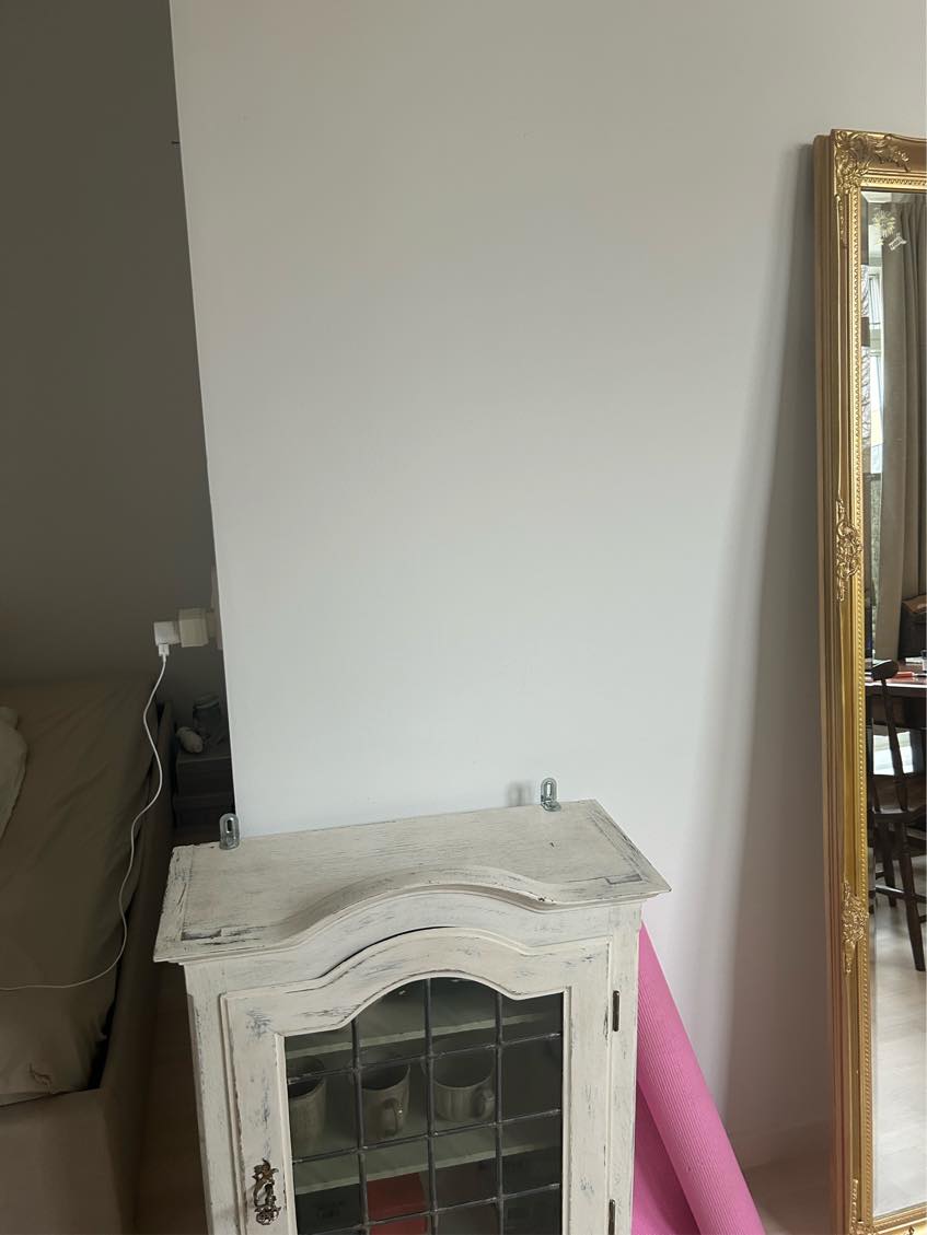 Vitrineskab og guldstang hængt op + 1 skrue og en krog i væggen