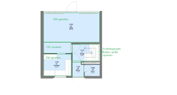 Opsætning af filt på væg, samt nedtagning af savsmuldstapet i gang.