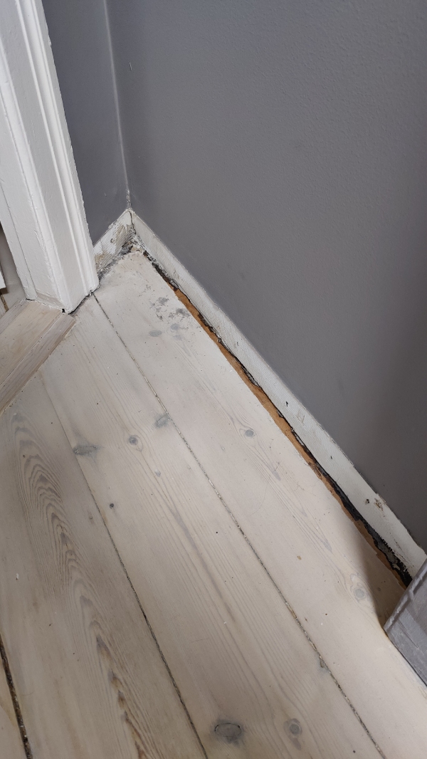 Opsætning af fodpanel i enkelt hjørne i gang samt opfyldning af hul i gulv