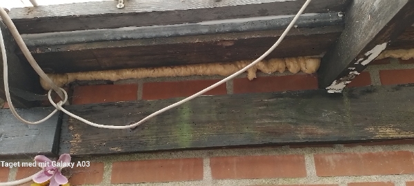 Taget på min overdækkede terrasse er utæt helt inde ved væggen.