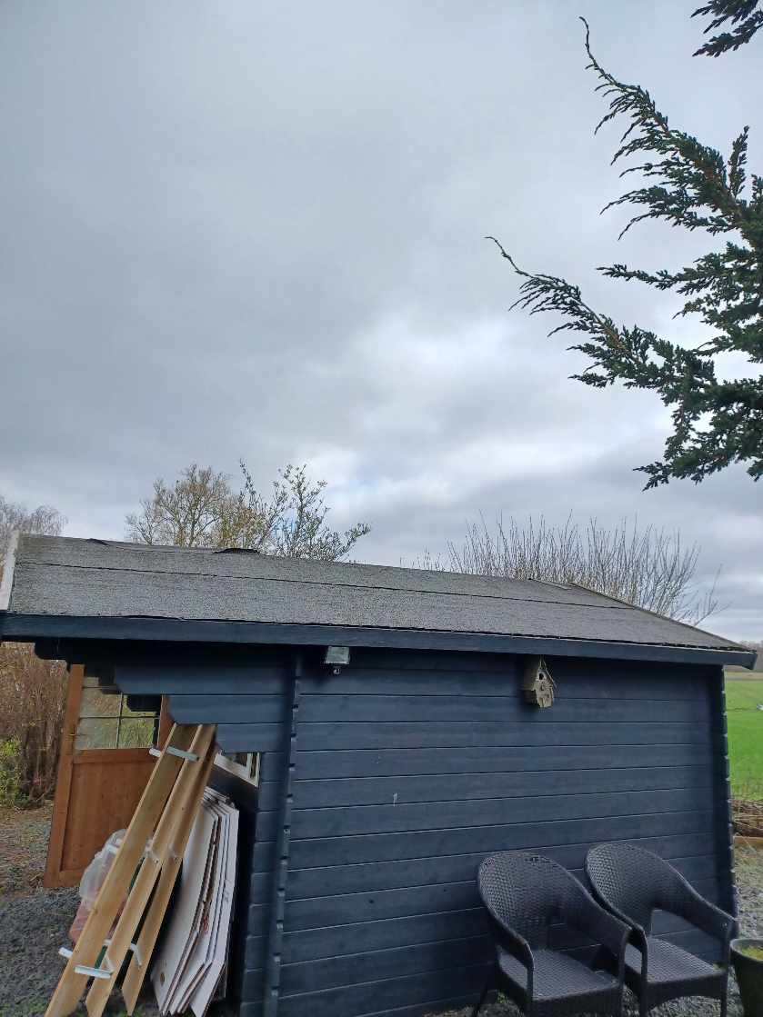 Reparation af tag på mindre anneks i haven. Fjernelse af gammelt tagpap og sternbrædder og nyt tagpap lægges/nye brædder monteres.
