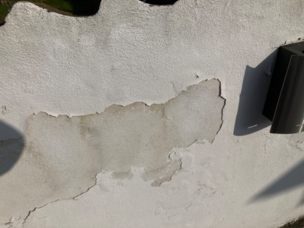 Maling/renovering af havemur. Store flager maling og måske puds faldet af.