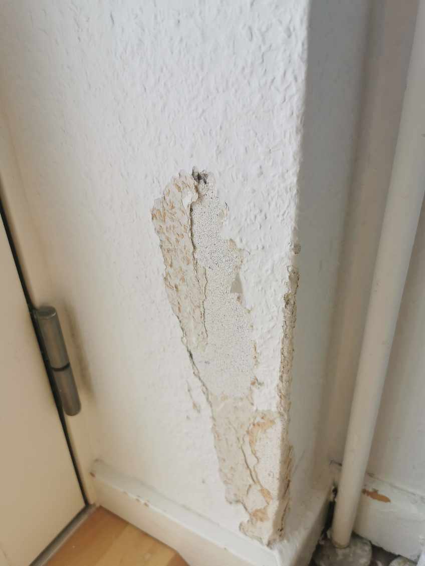 Huller i savsmuldstapet skal lappes. 2 stk i hjørner og 1 på væg. Jeg maler selv efterfølgende.