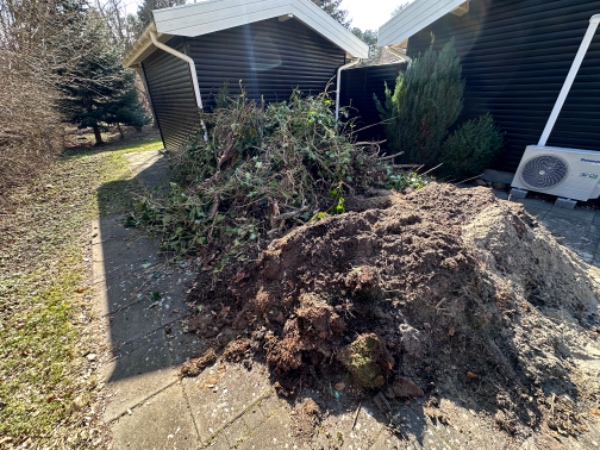 Jord, et væltet træ og haveaffald