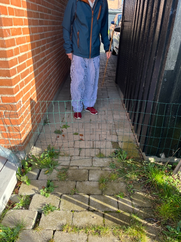 Udendørs skraldestativ til 4 spande og opsætning af ca 6 m. hegn