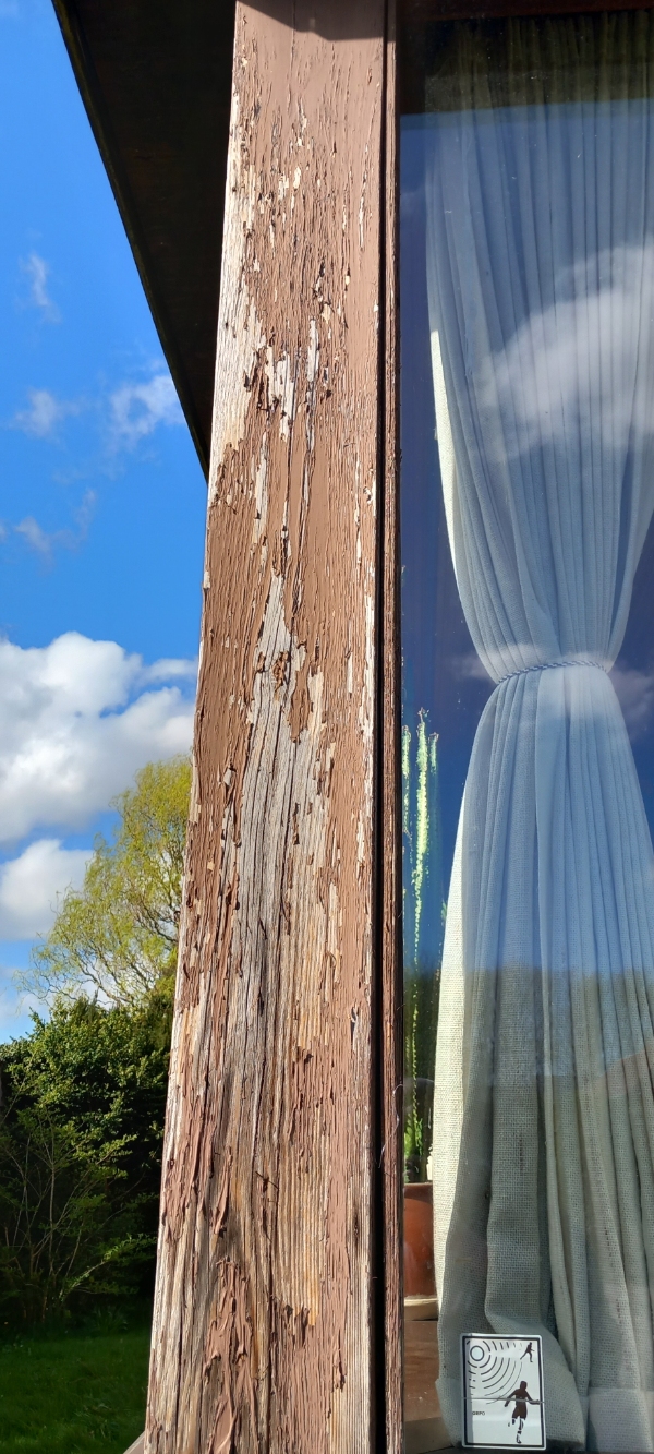 Træværket på udestuen skal slibes og males