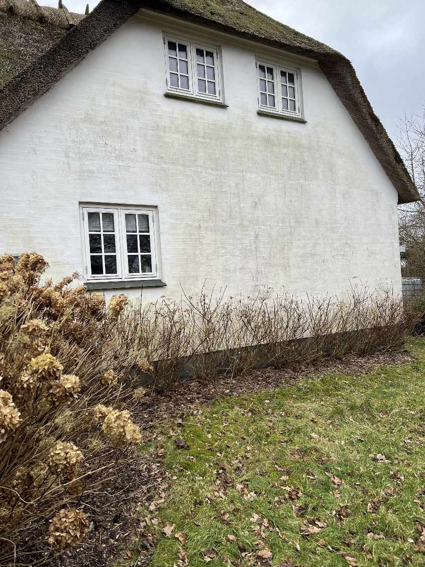 Har hvidkalkede facader på huset, som skal renses af for alger og diverse. Der er desuden er lille stykke væk med skader der skal udbedres.