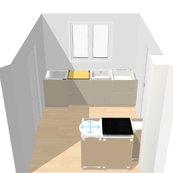 Opstilling af nyt køkken, sektionerne ( 5 stk) er samlet( uden indmad).