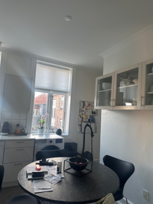 Opsætning g af koglen - lampe, samt ophæng af 5 billeder og fastsættelse af ledning langs dør