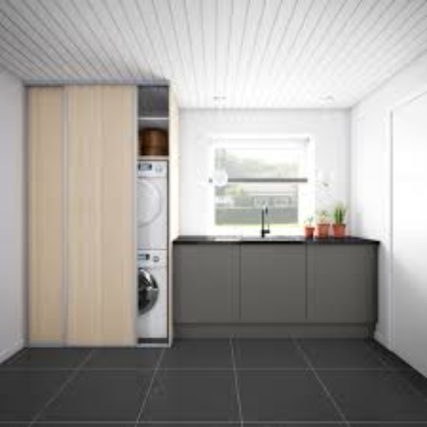 Etablering skab til vaskemaskine og tørretumbler med hylder