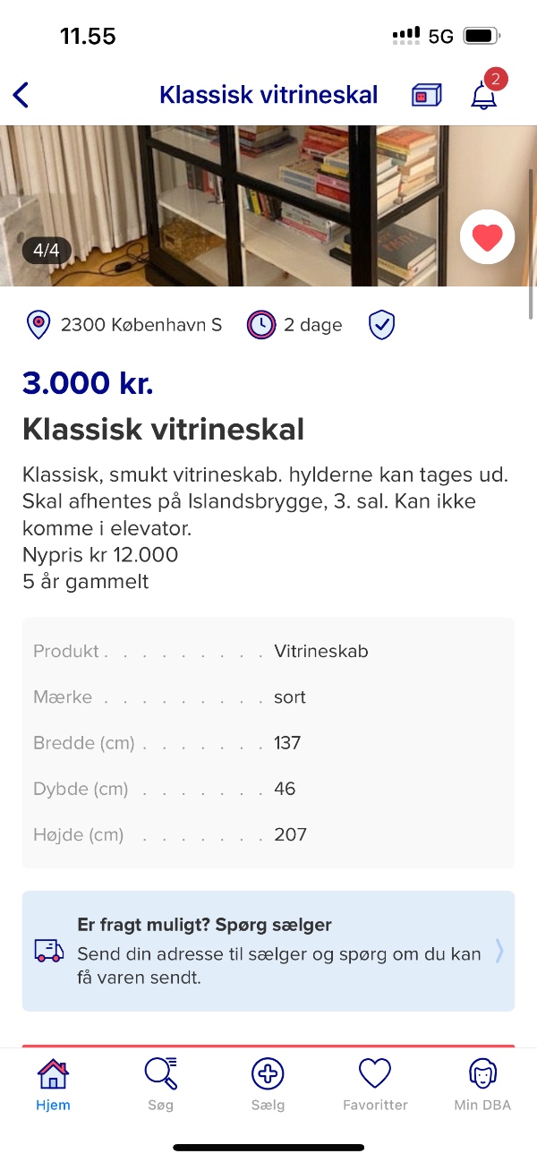 Flytte vitrineskab fra islandsbrygge til østerbro