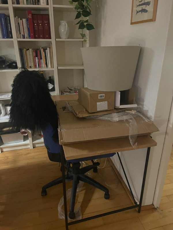 Fjerne skrivebord, stol og lidt løst skrald på to M2 ca.