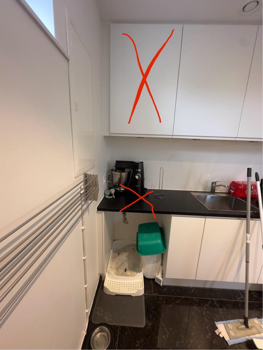 Beskære bordplade, afmonter skabsmodul - gør plads til vaskesøjle