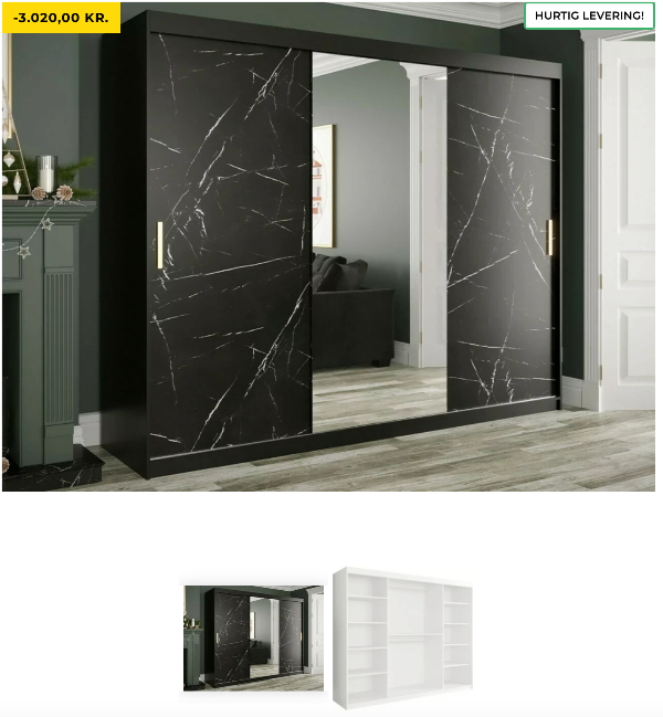 Samling af seng og garderobeskab